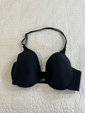 36D Maidenform Halter Open Back Front Clasp Black Lined Demi